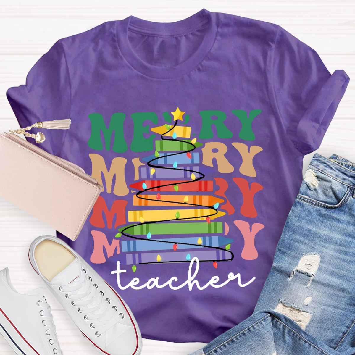 Crayon Christmas Tree Teacher T-Shirt