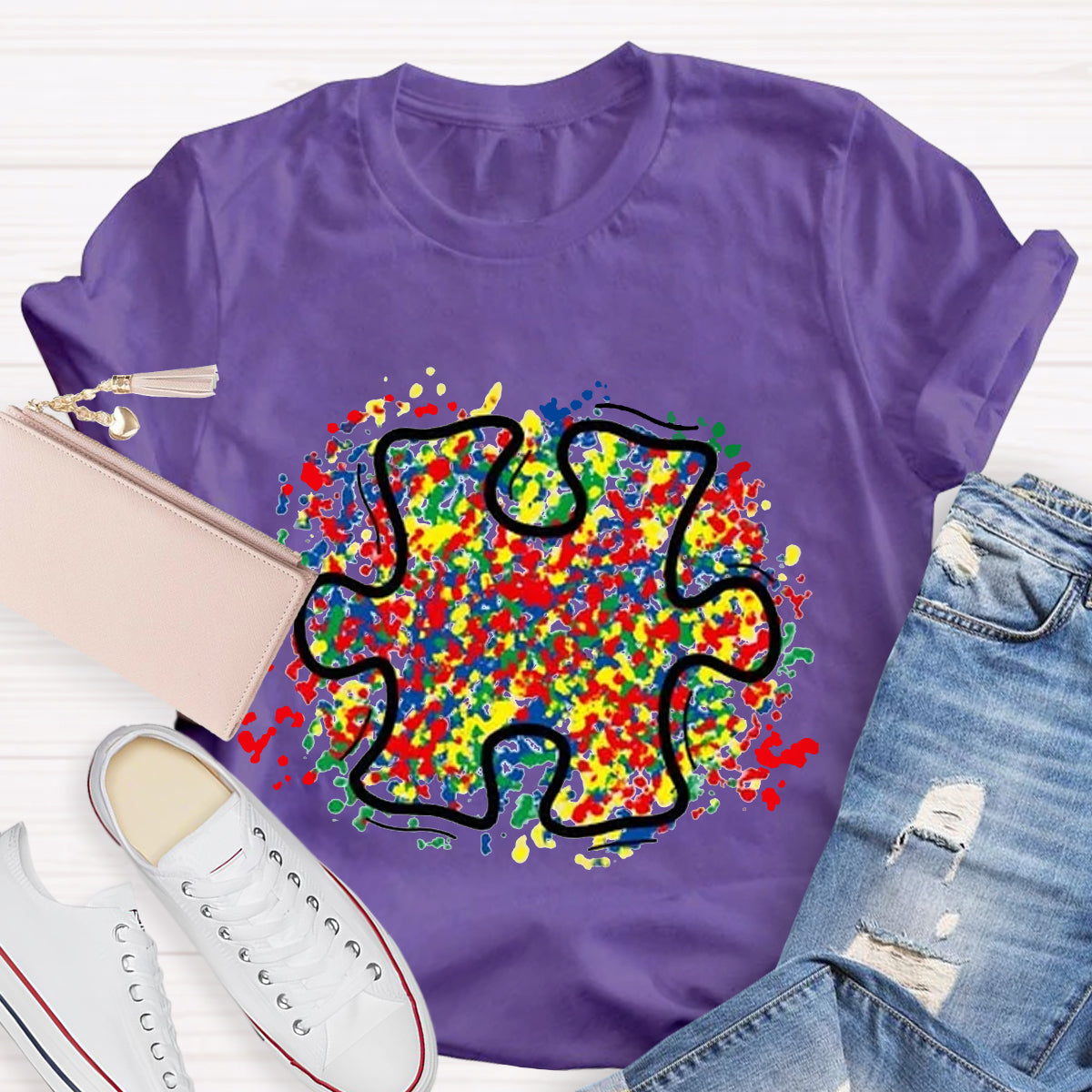 Colorful Autism Puzzle Piece Teacher T-Shirt