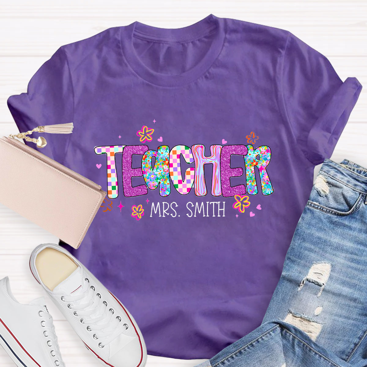 Personalized Teacher Name Pink Plaid T-Shirt