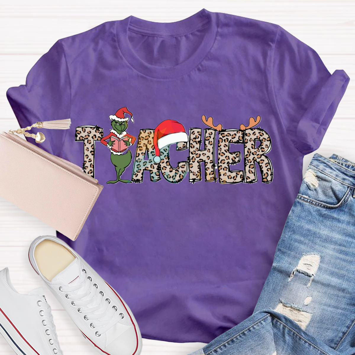 Christmas Leopard Teacher Grinch T-Shirt