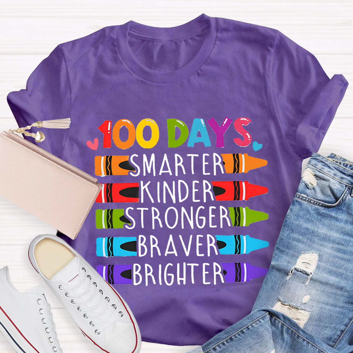 100 Days Smarter Kinder Stronger Crayon T-Shirt