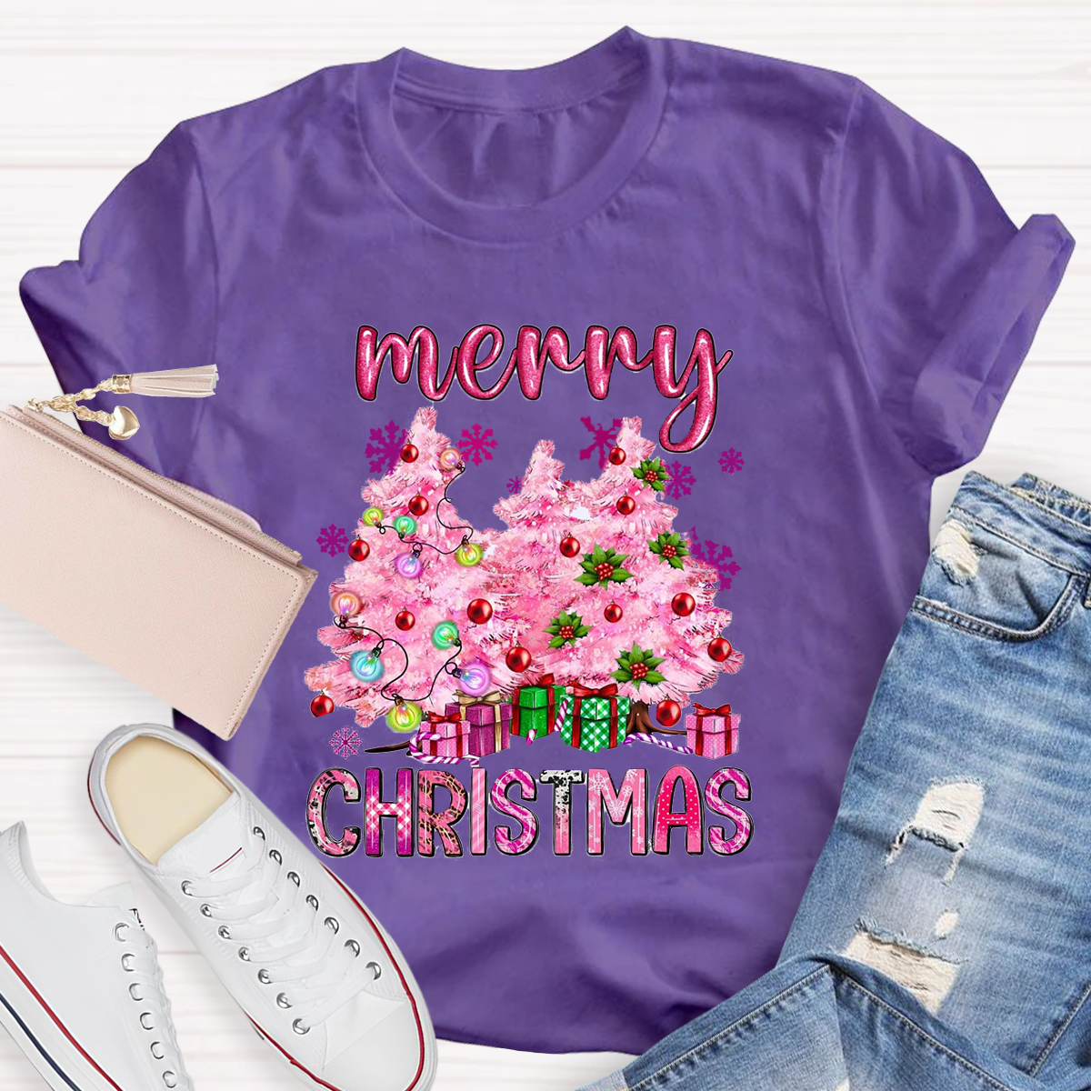 Pink Tree Christmas Teacher T-Shirt