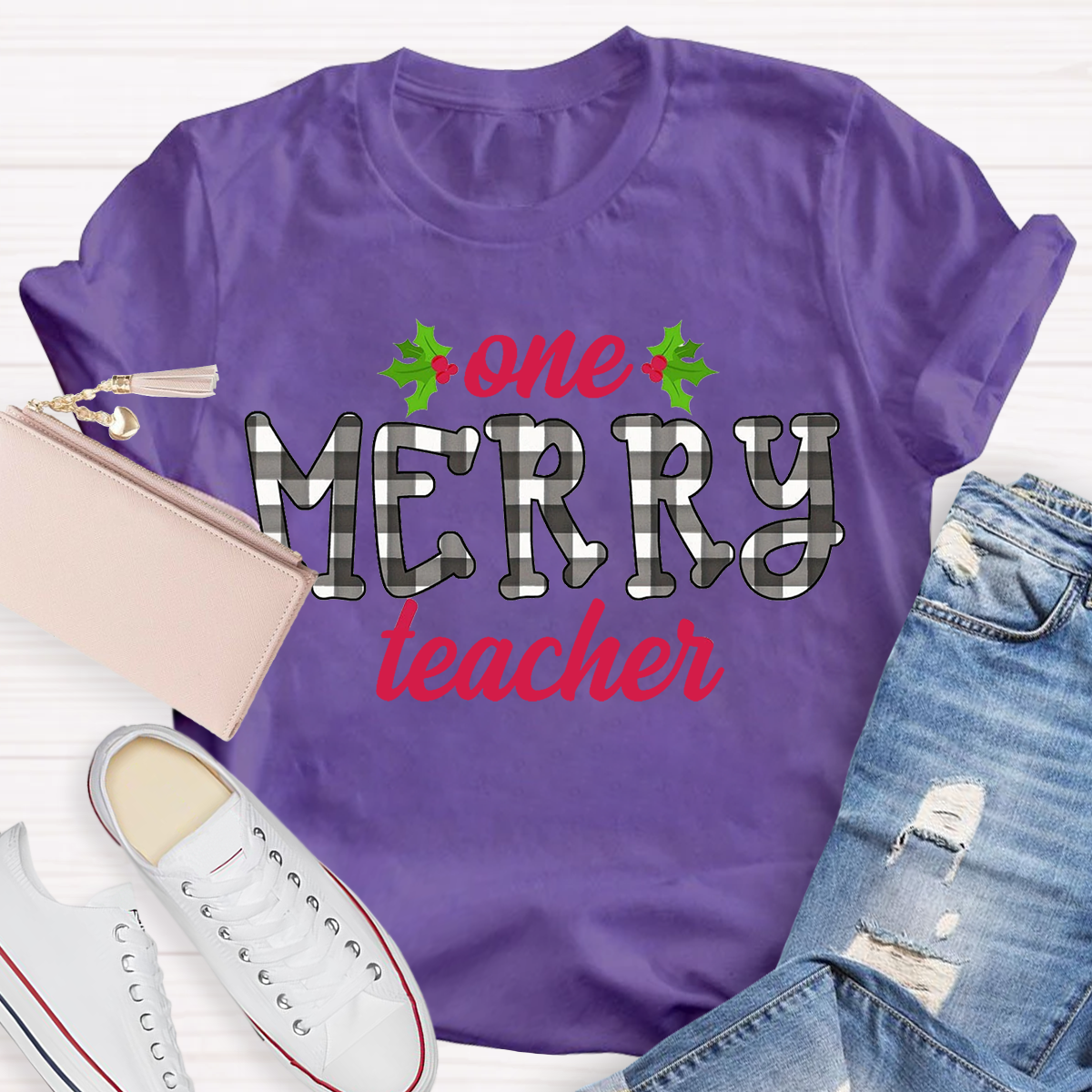 One Merry Teacher Christmas Plaid T-Shirt