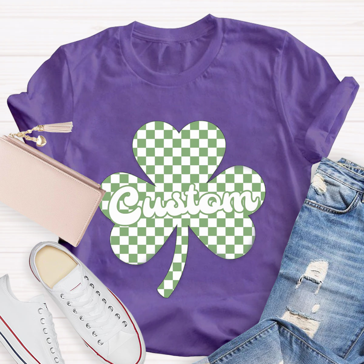 Personalized Name Checkered Clover Teacher T-Shirt