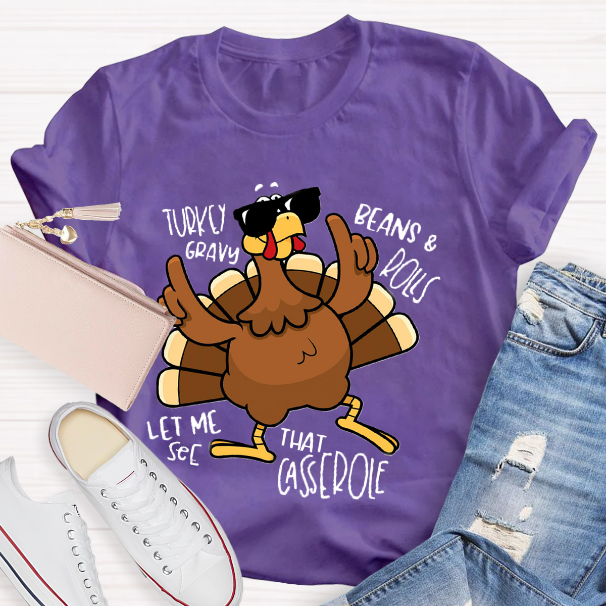 Turkey Gravy Beans Rolls Thanksgiving Teacher T-Shirt