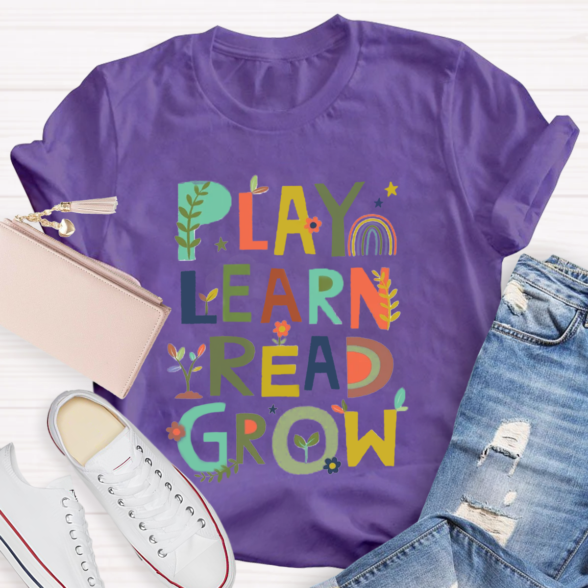 Play Learn Read Grow  Teacher T-Shirt