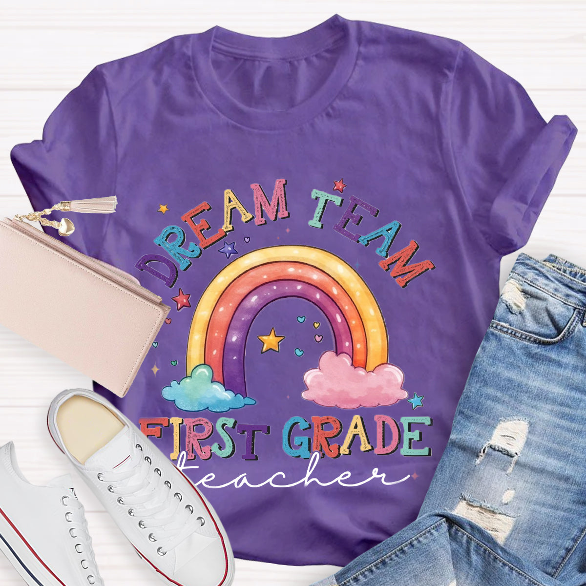 Personalized Grade Dream Team Teacher Rainbow T-Shirt