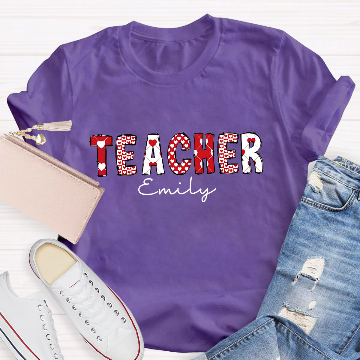 Personalized Name Pink Heart Printed Teacher T-Shirt