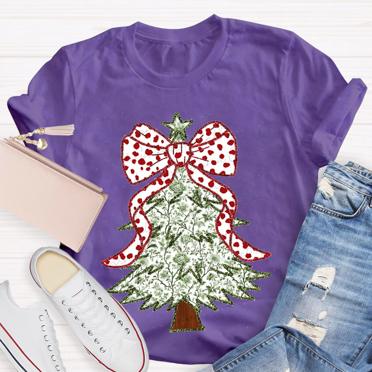 Red and Green Grandmillennial Coquette Gold Glitter Christmas Tree Teacher T-Shirt