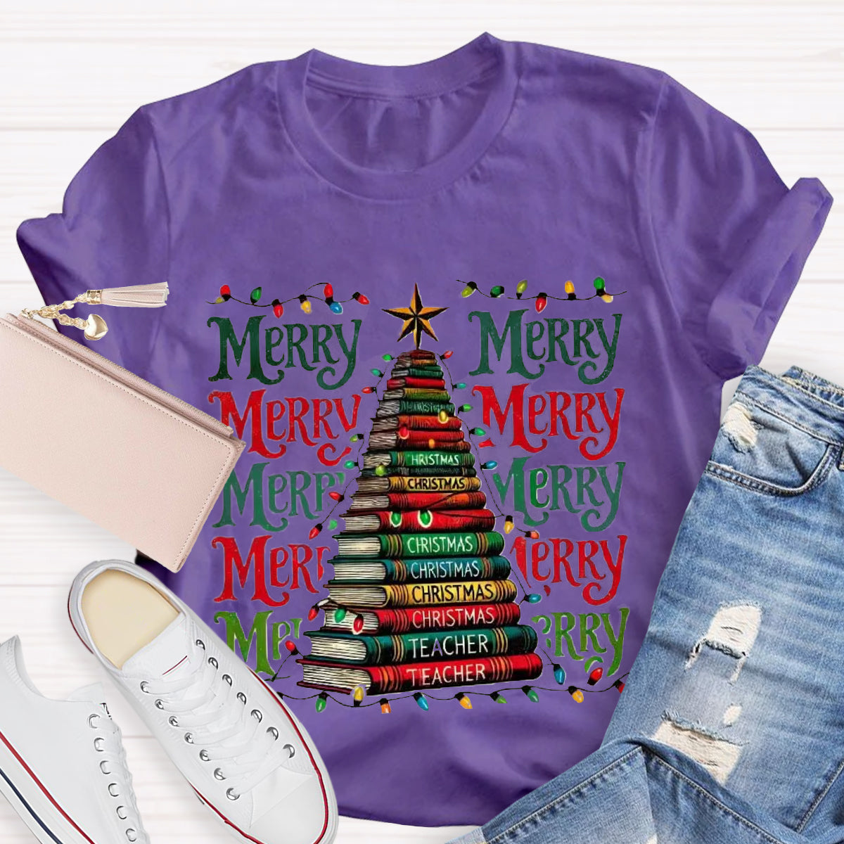 Merry Christmas Book Tree Teacher T-Shirt