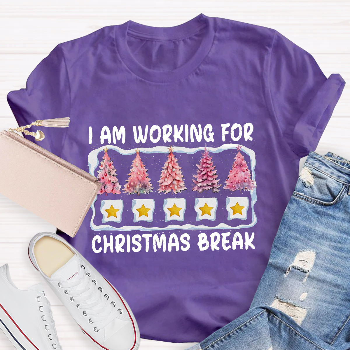 I'm Working For Christmas Break Pink Tree T-Shirt