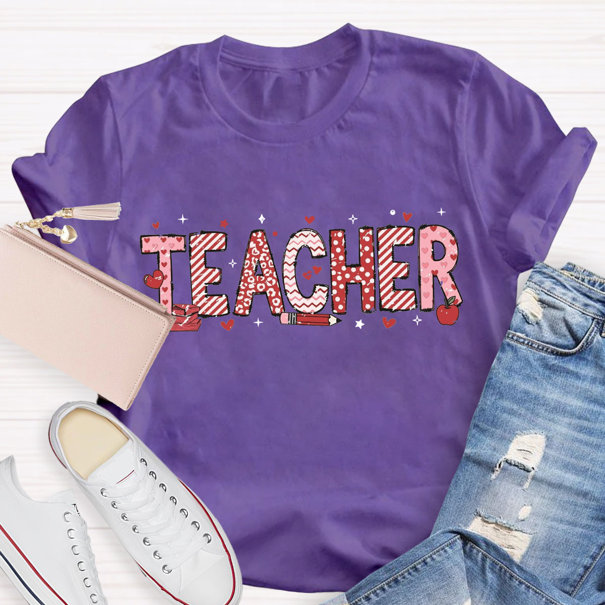 Valentine's Day Pink Heart Pencil Teacher T-Shirt