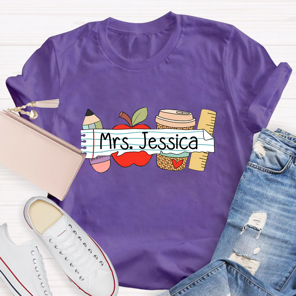 Personalized Teacher's Name Apple Pencil Coffee T-Shirt