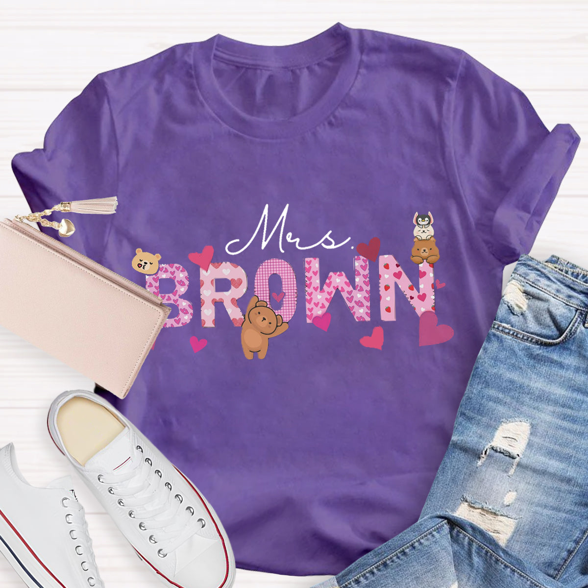 Personalized Name Pink Heart Teacher T-Shirt