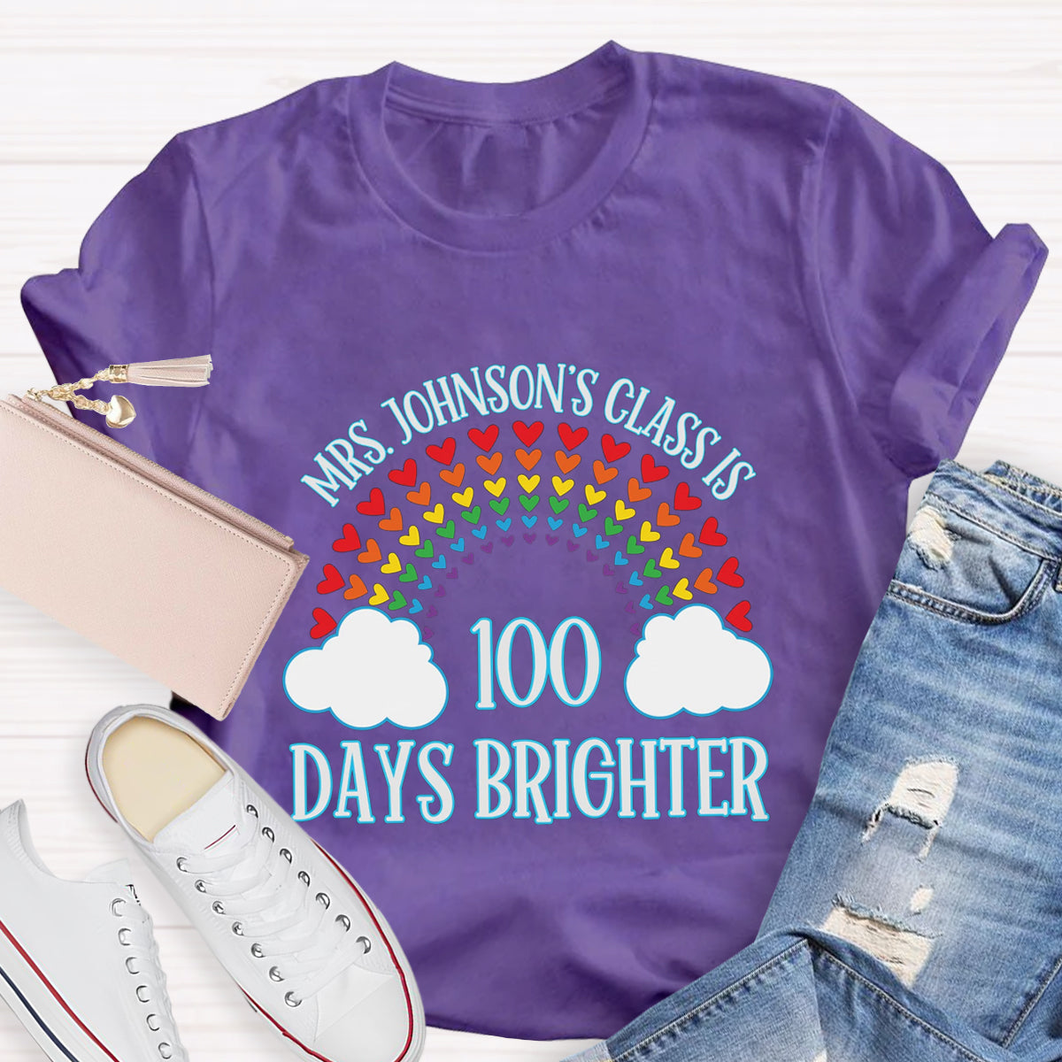 Personalized Name Teacher Class 100 Days Brighter T-Shirt