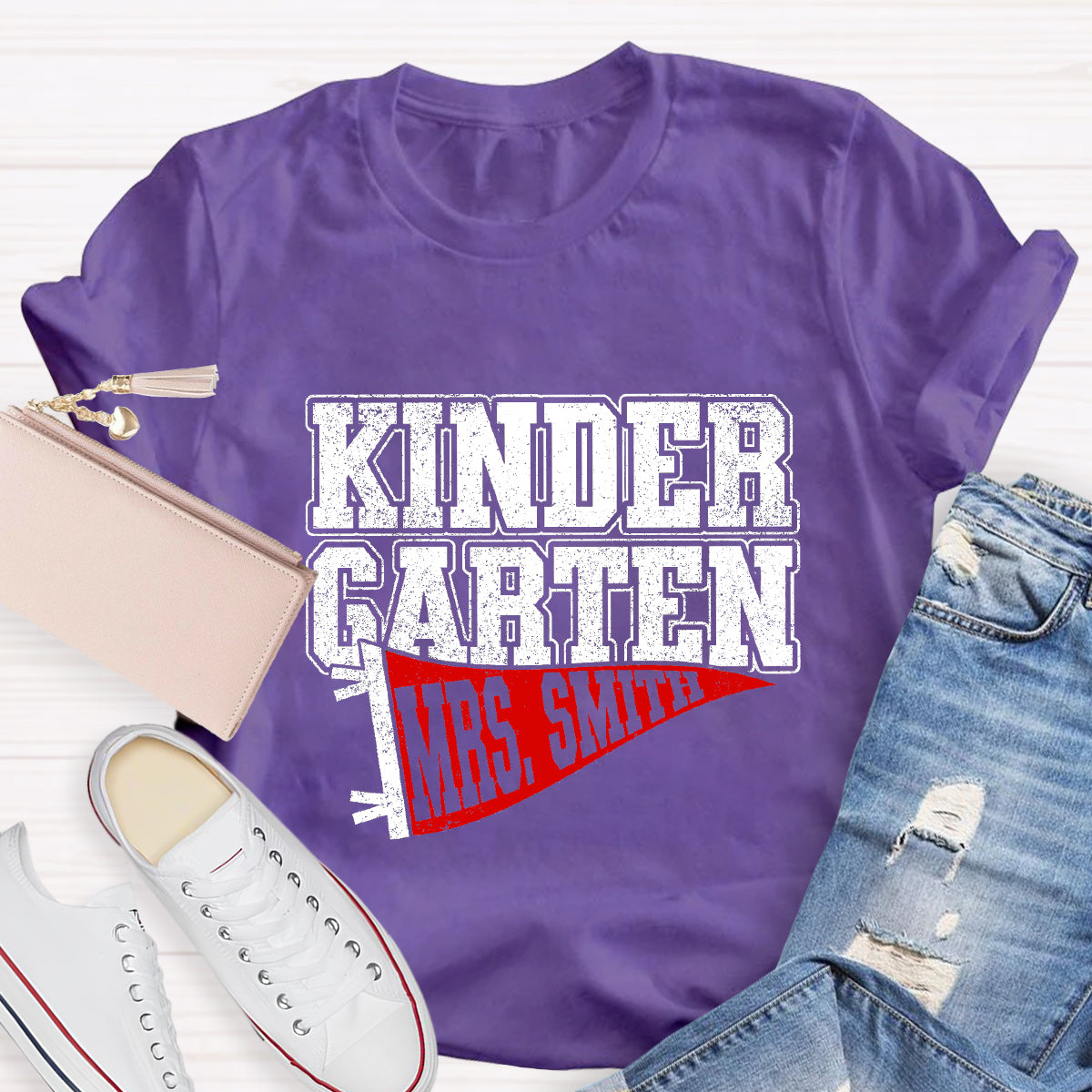 Personalized Grade And Name Flag Shaped Print Teacher T-Shirt