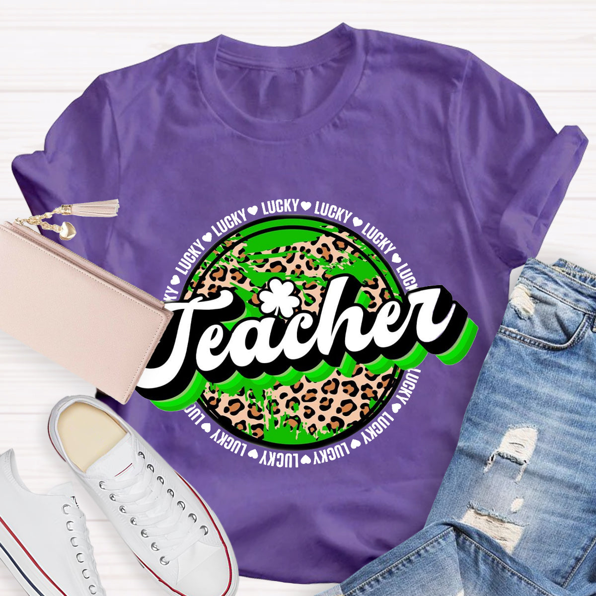 St. Patrick's Day Lucky Leopard Shamrock Teacher T-Shirt