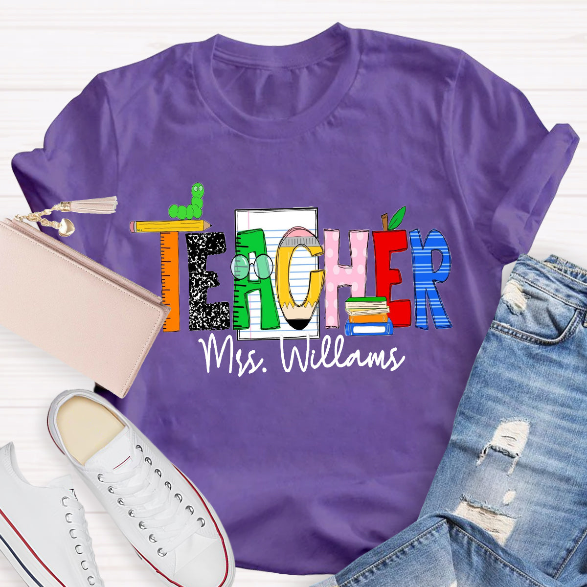 Personalized Teacher Name Caterpillar Exploring Knowledge Teacher T-Shirt