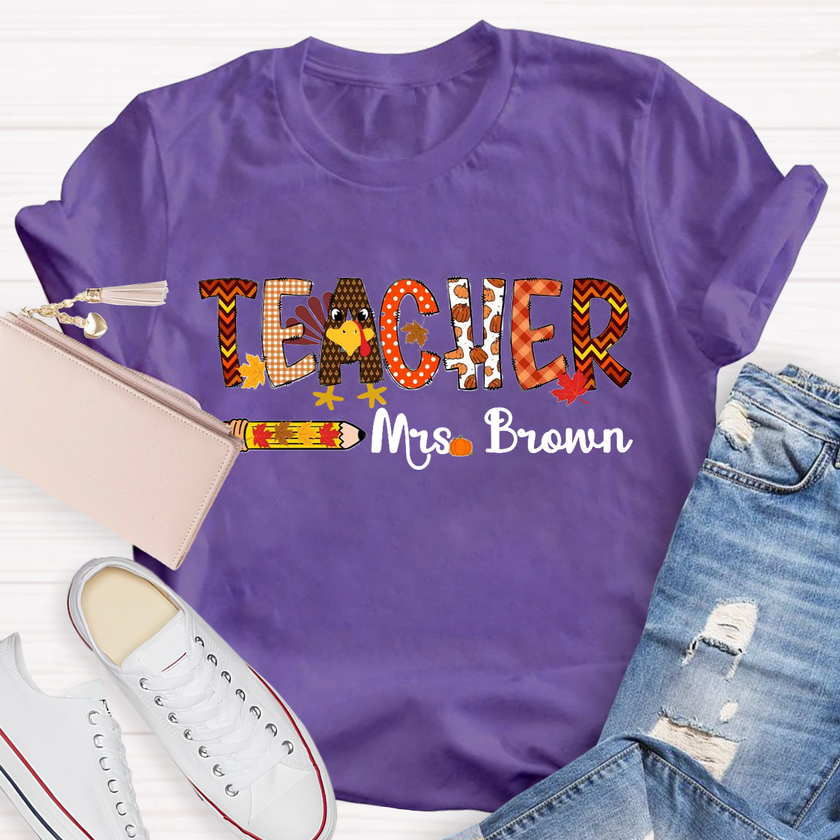 Personalized Name Thanksgiving Teacher T-Shirt