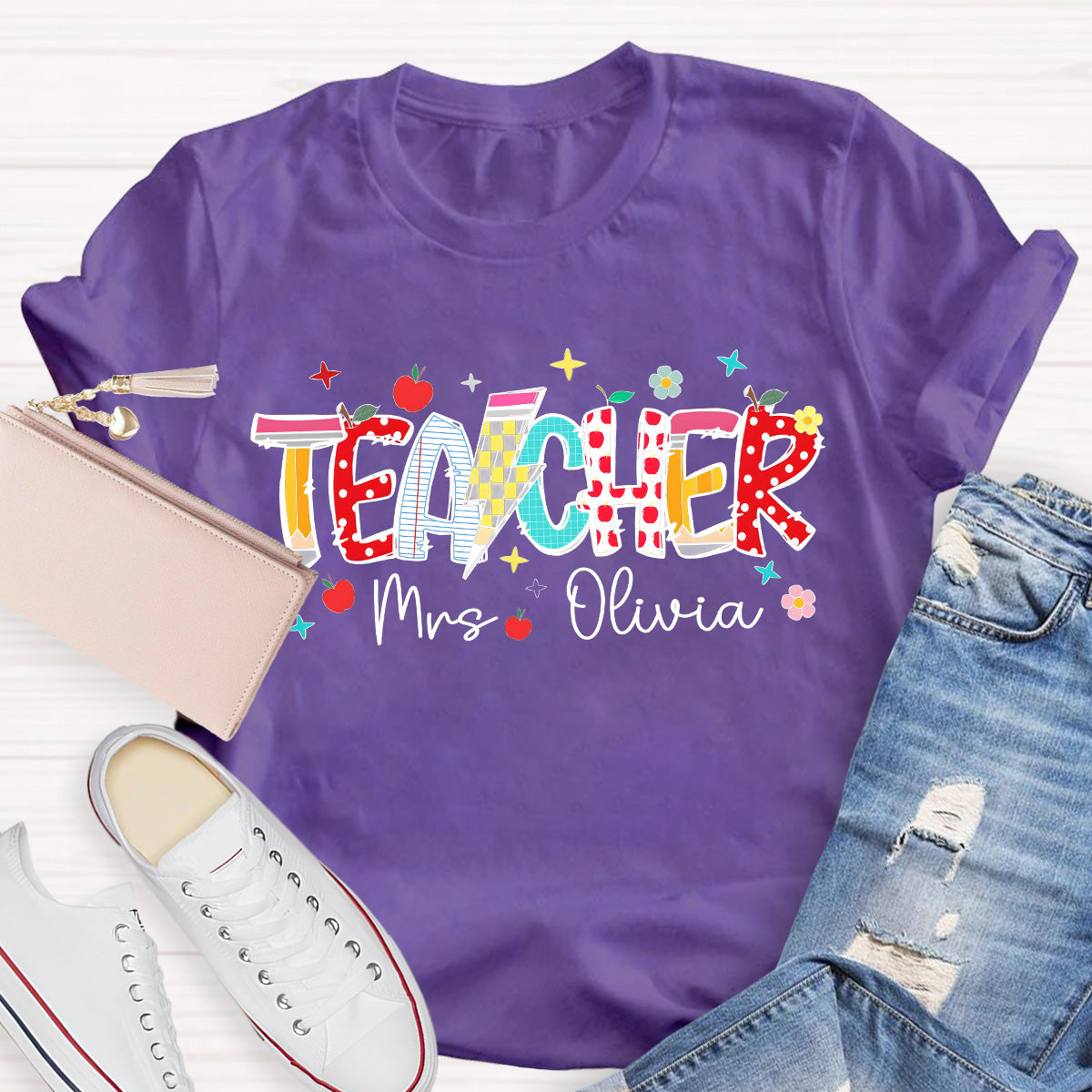 Personalized Name Star And Flower Teacher T-Shirt