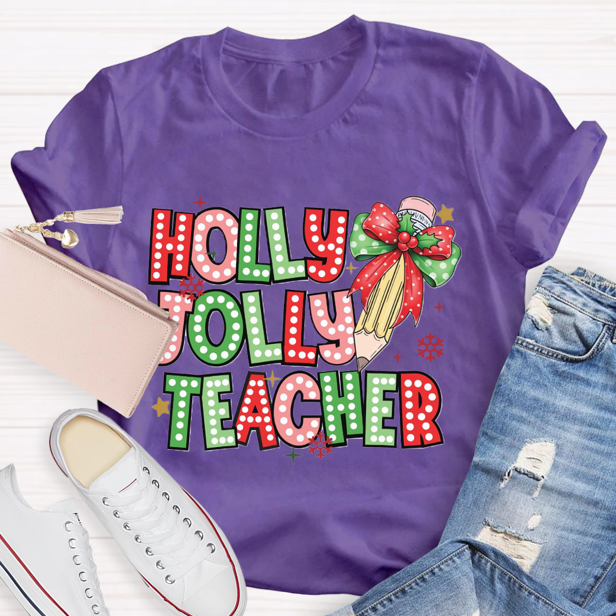 Holly Jolly Teacher Christmas Pencil T-Shirt