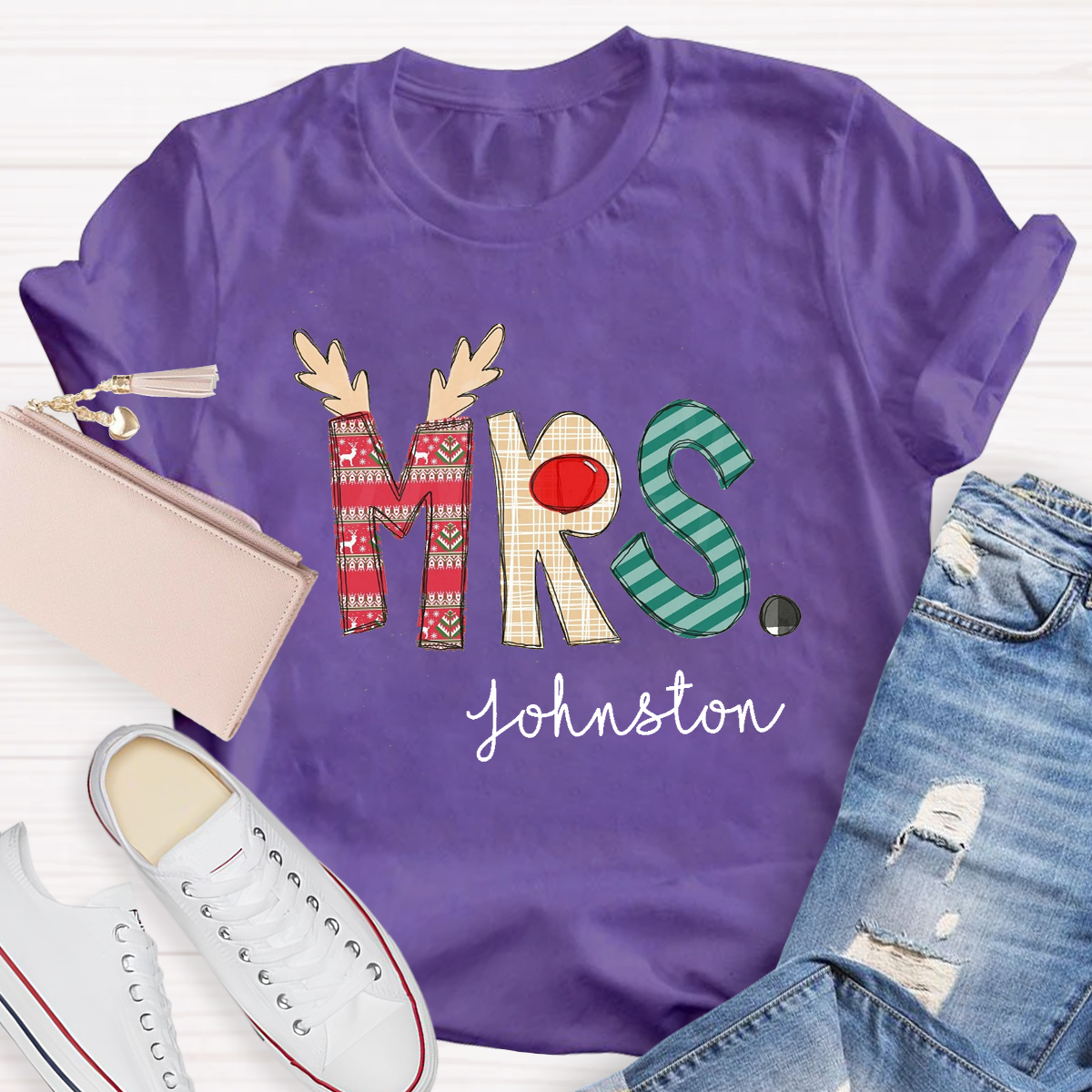 Personalized Christmas Classic Pattern Teacher Name Teacher T-Shirt