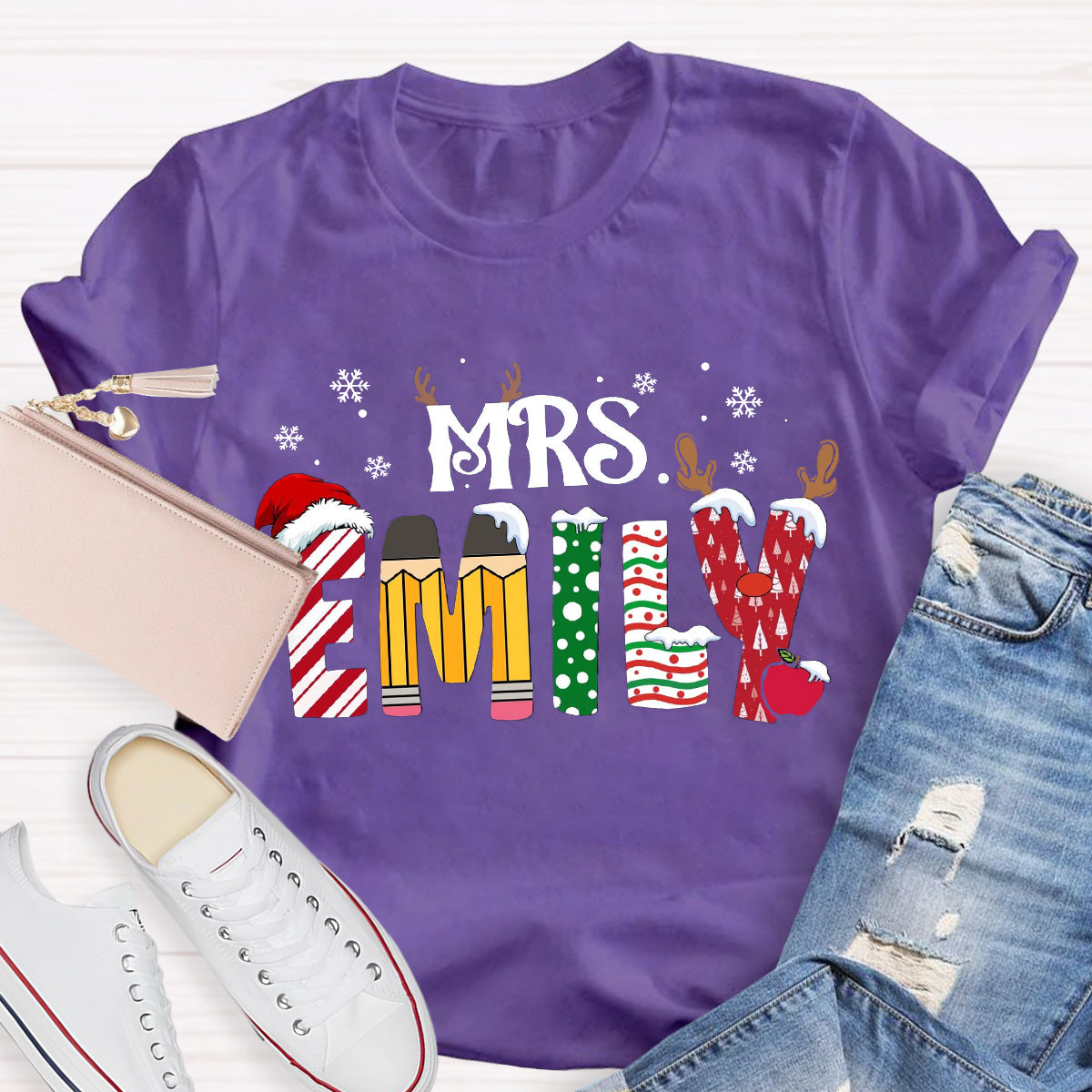 Personalized Name Christmas Teacher Emily T-Shirt