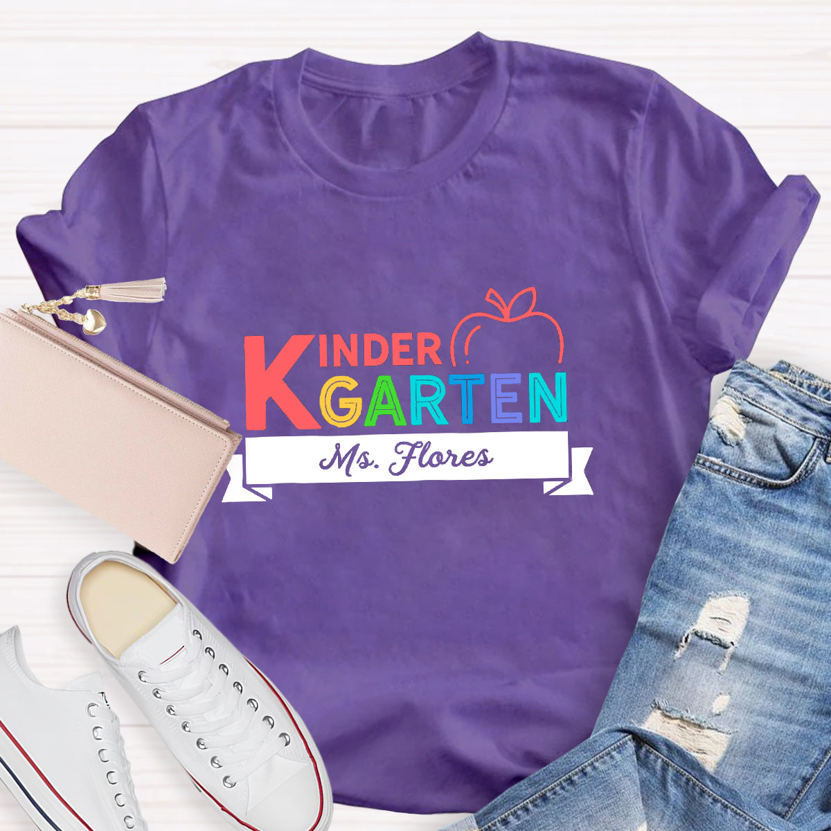 Personalized Kindergarten Teacher's Name  Apple Printed T-Shirt