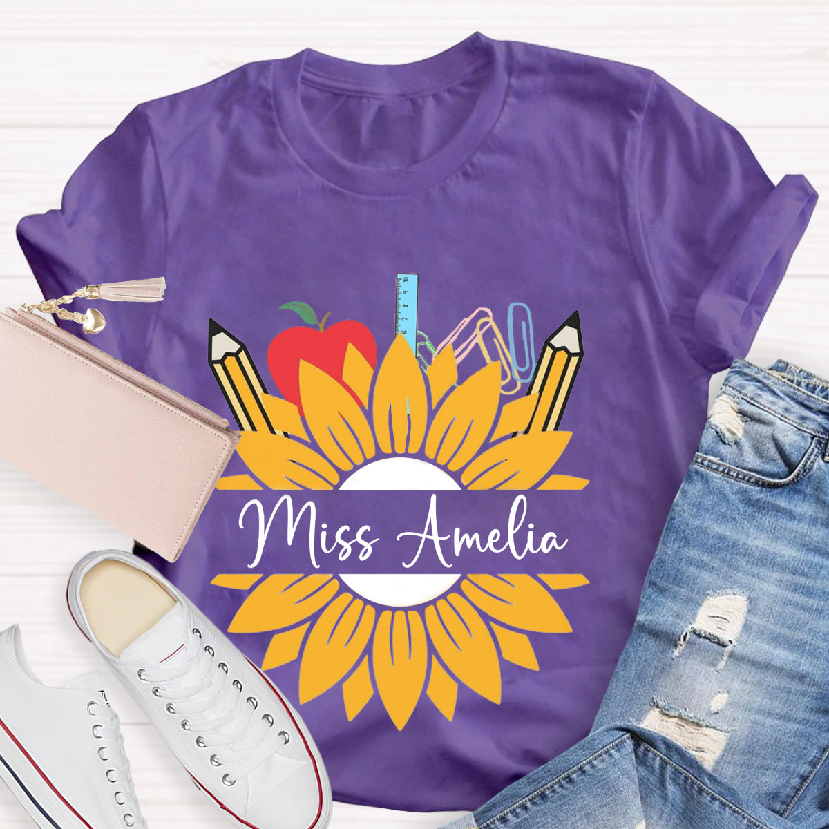 Personalized Name Sunflower Apple Pencil Teacher T-Shirt