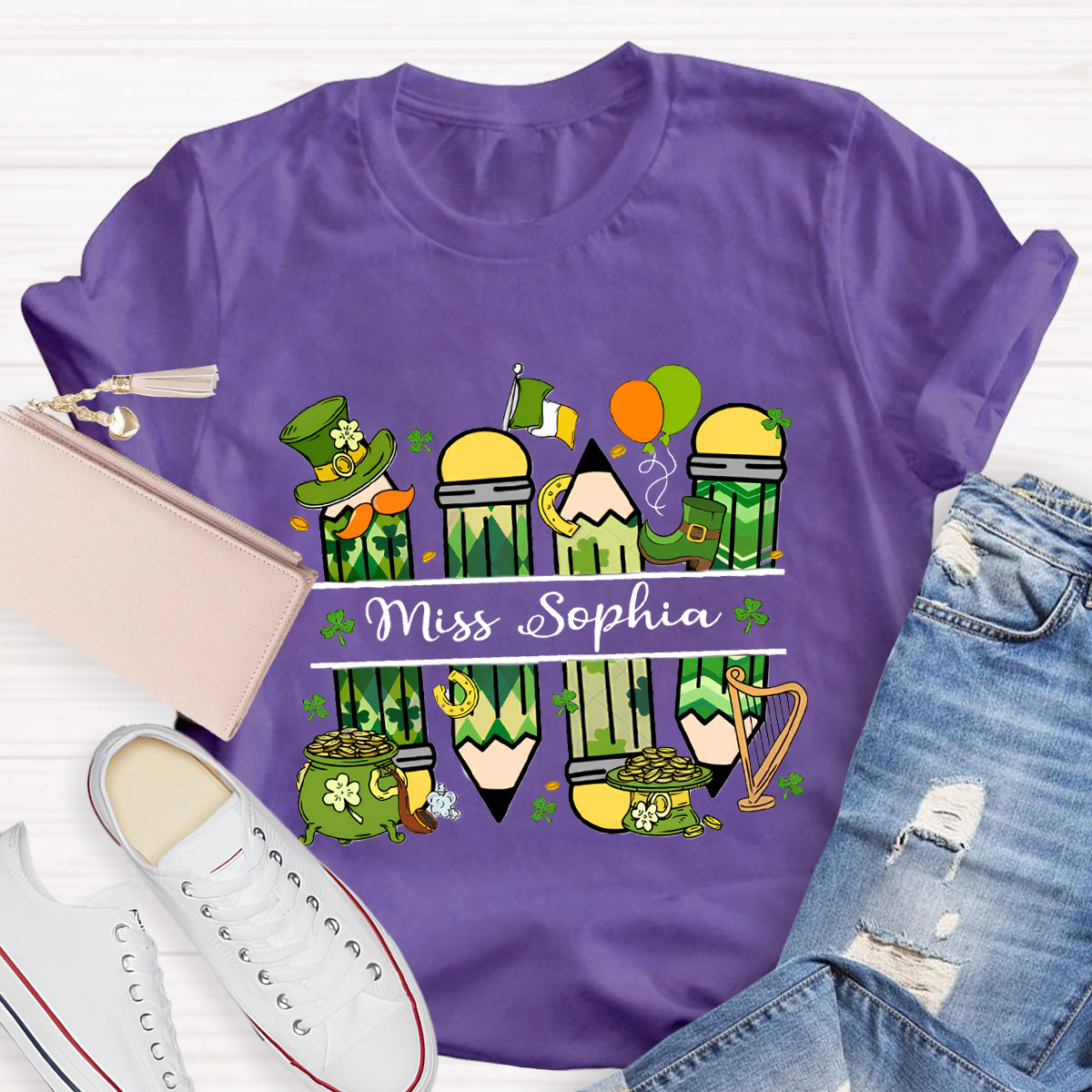 Personalized Name Green Pencil Teacher T-Shirt