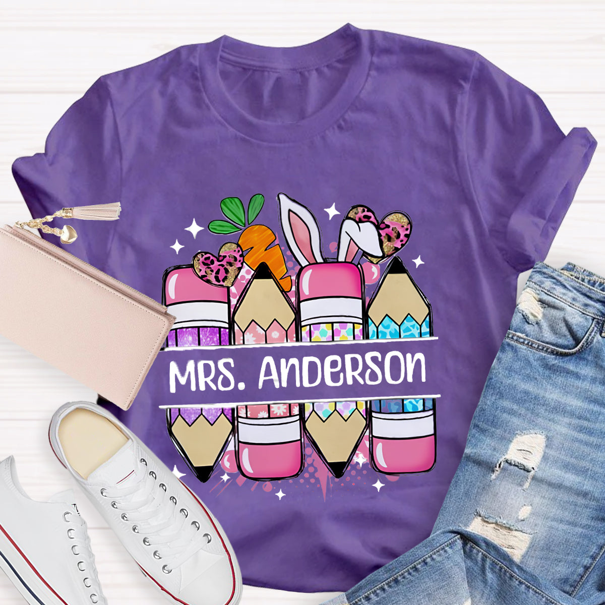 Personalized Name Cute Easter Pencils Teacher T-Shirt