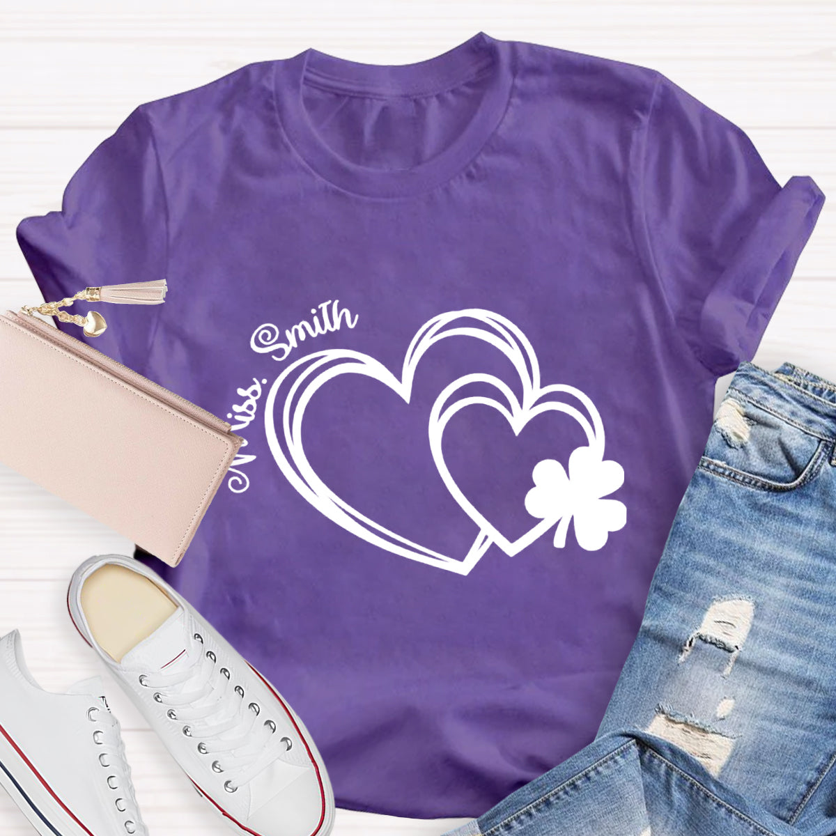 Personalized Name Heart Shamrock Teacher T-Shirt