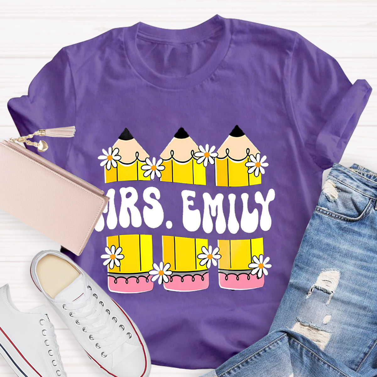 Personalized Your name Retro Teacher Pencil T-Shirt