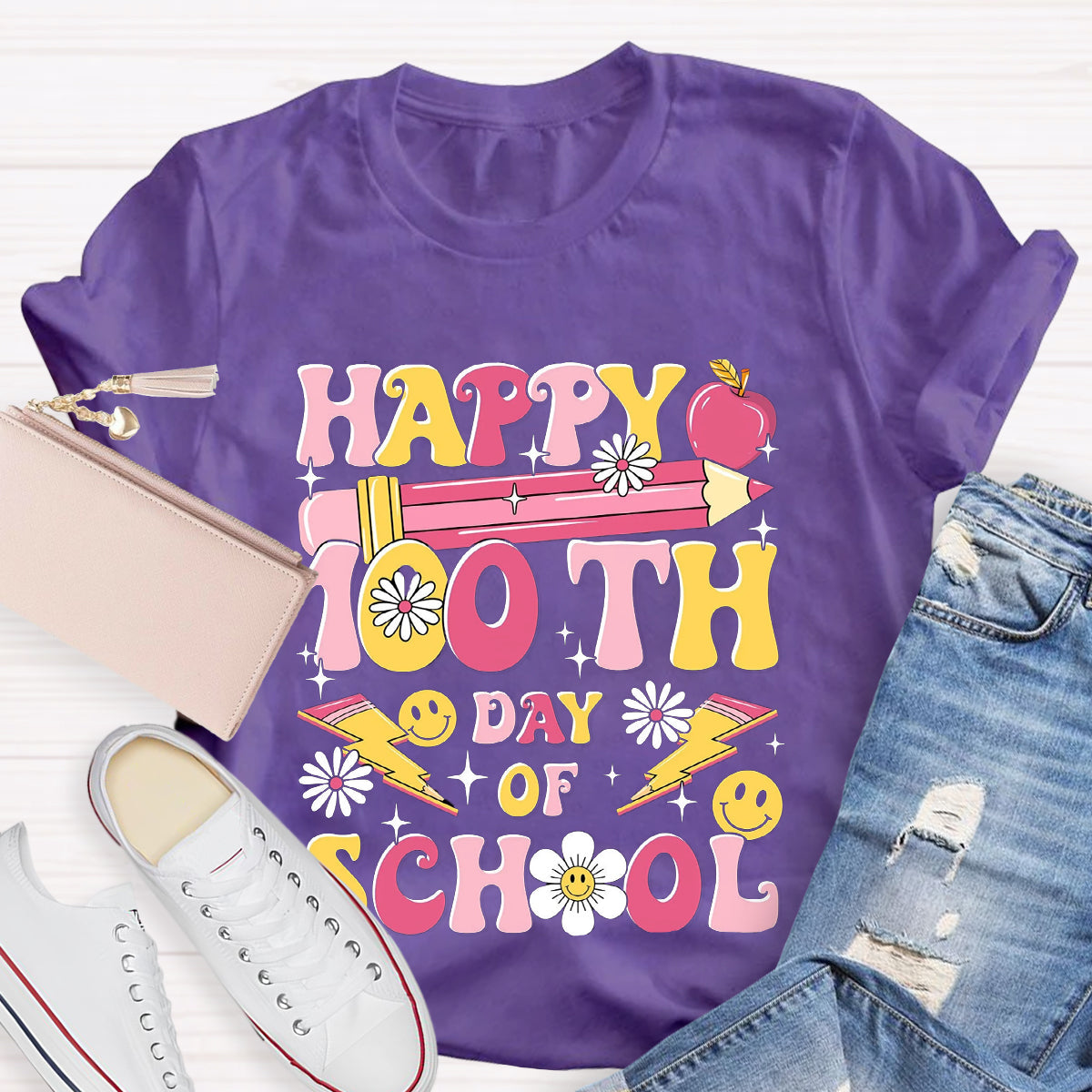 Happy 100 Days Of School Pink Pencil Teacher T-Shirt