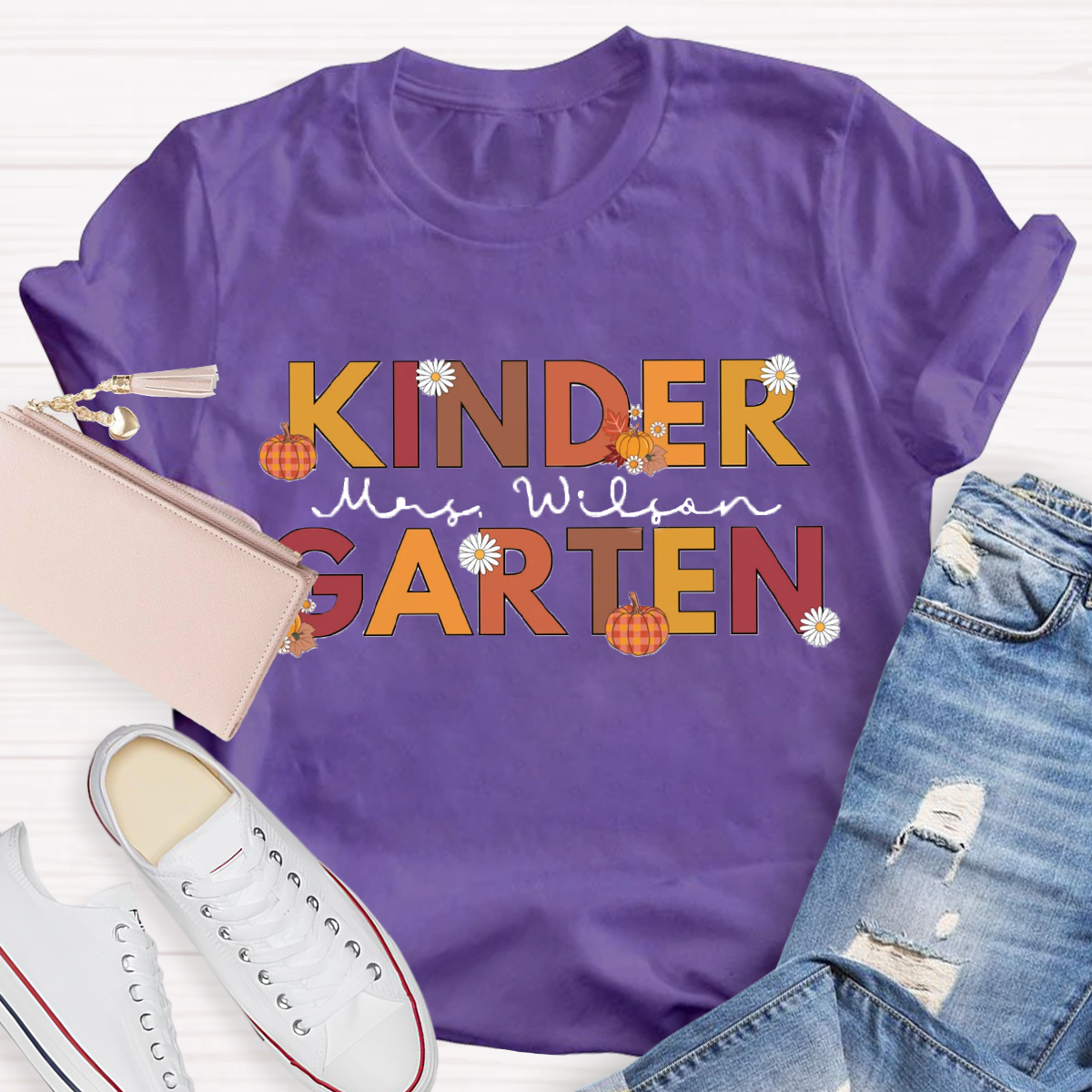 Personalized Name Fall Thanksgiving Kindergarten Teacher T-Shirt