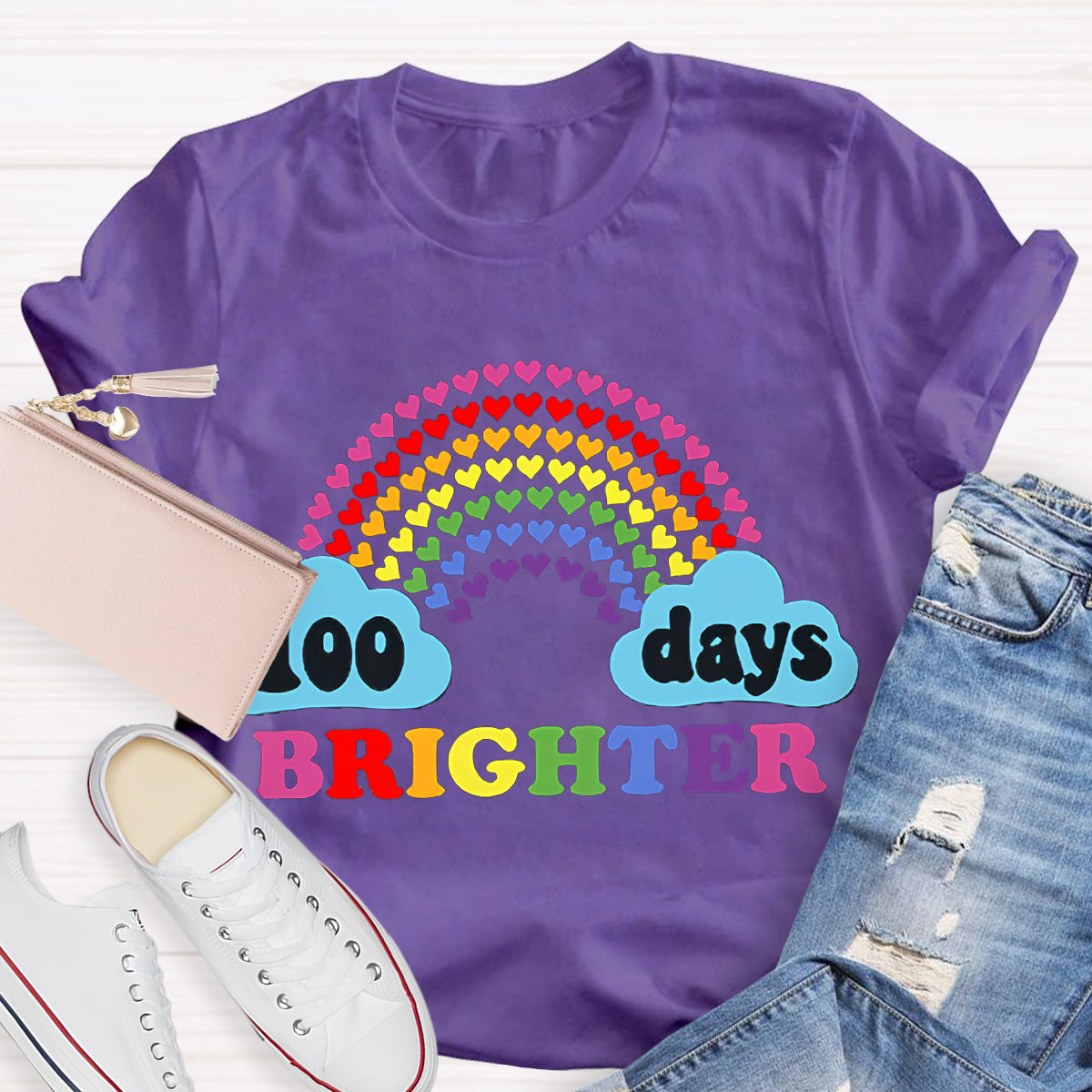 100 Days Brighter Heart Rainbow Teacher T-Shirt