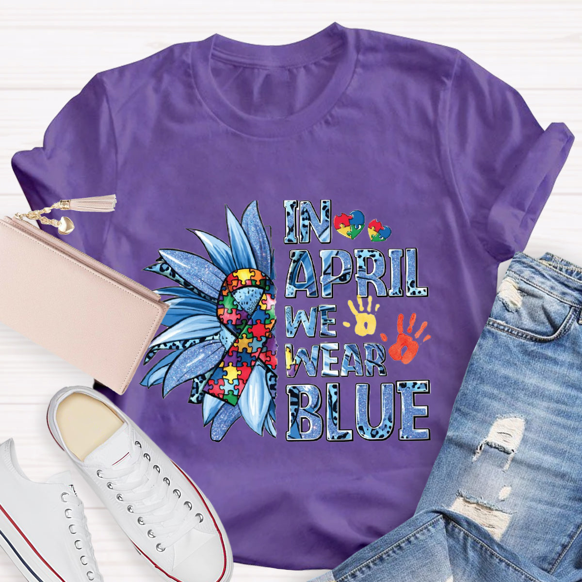 In April We Wear Blue Autism Awareness Puzzle Piece T-Shirt