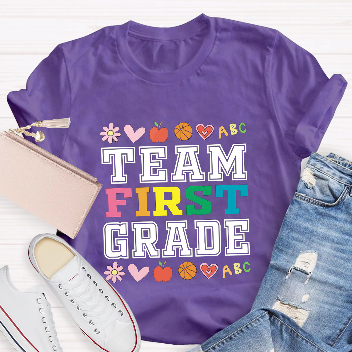 Personalized Grade Team Colorful First Grade Teacher T-Shirt