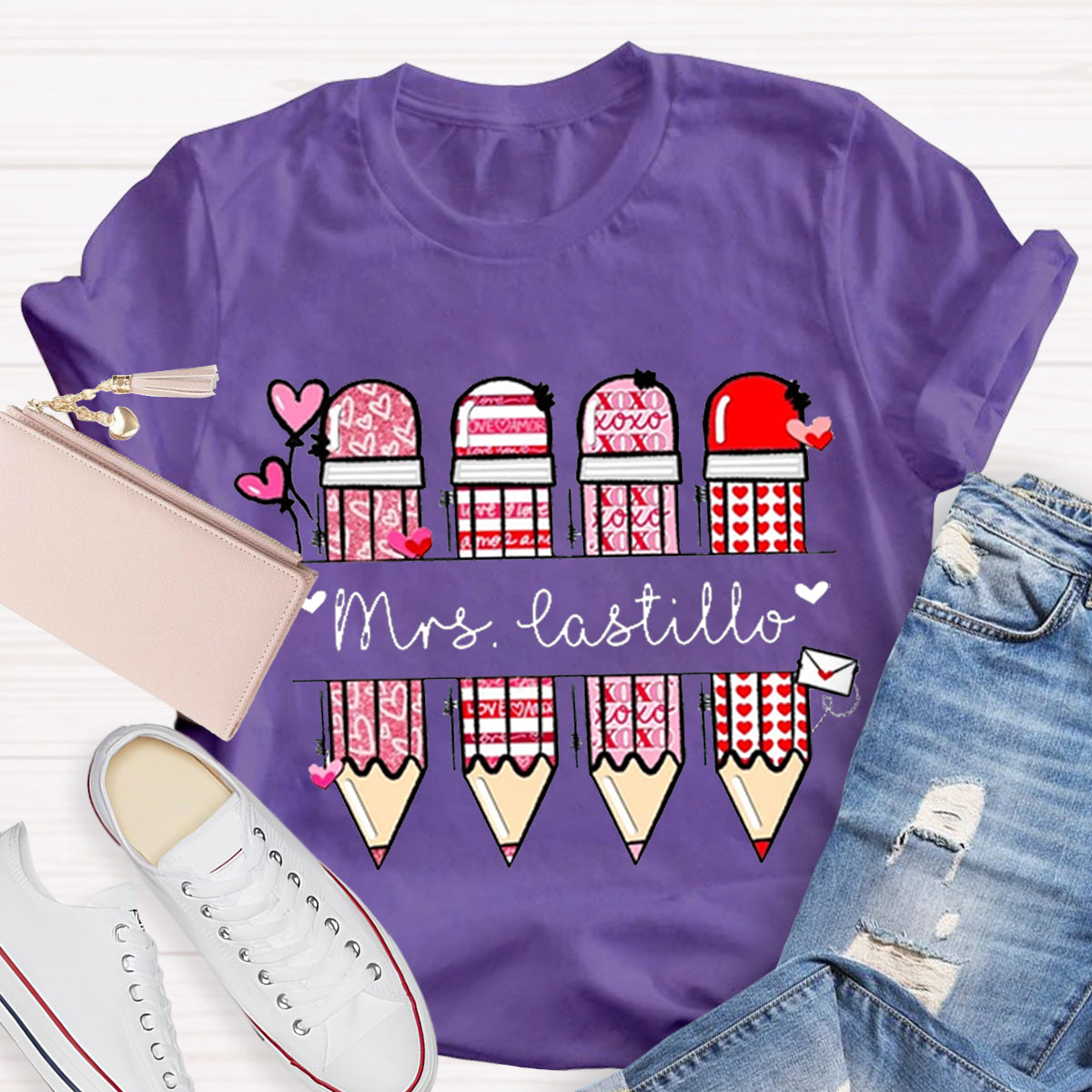 Personalized Teacher Name Pencil Valentines Day T-Shirt