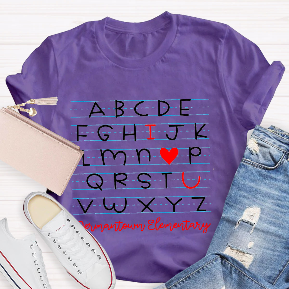 Personalized School Name I Love You Alphabet Teacher T-Shirt