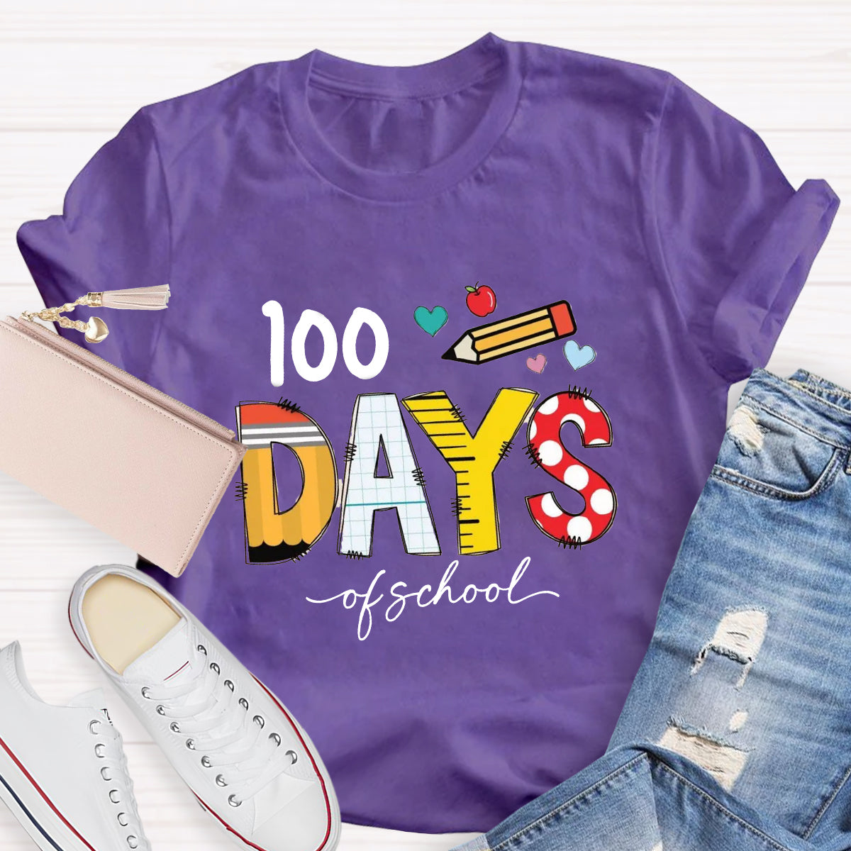 100 Days Of School Pencil Apple Teacher T-Shirt