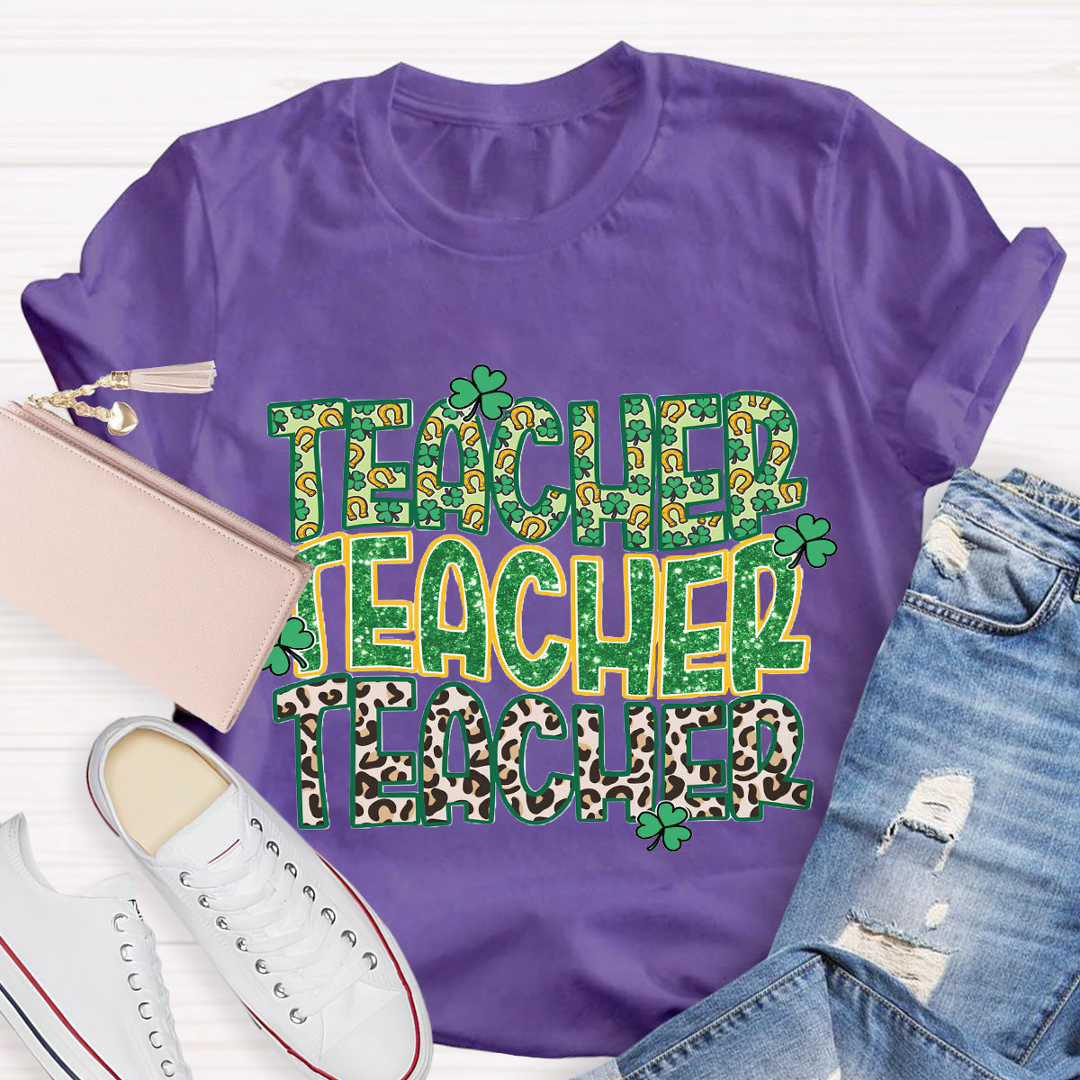 Green Clover Leopard Print Design Teacher T-Shirt