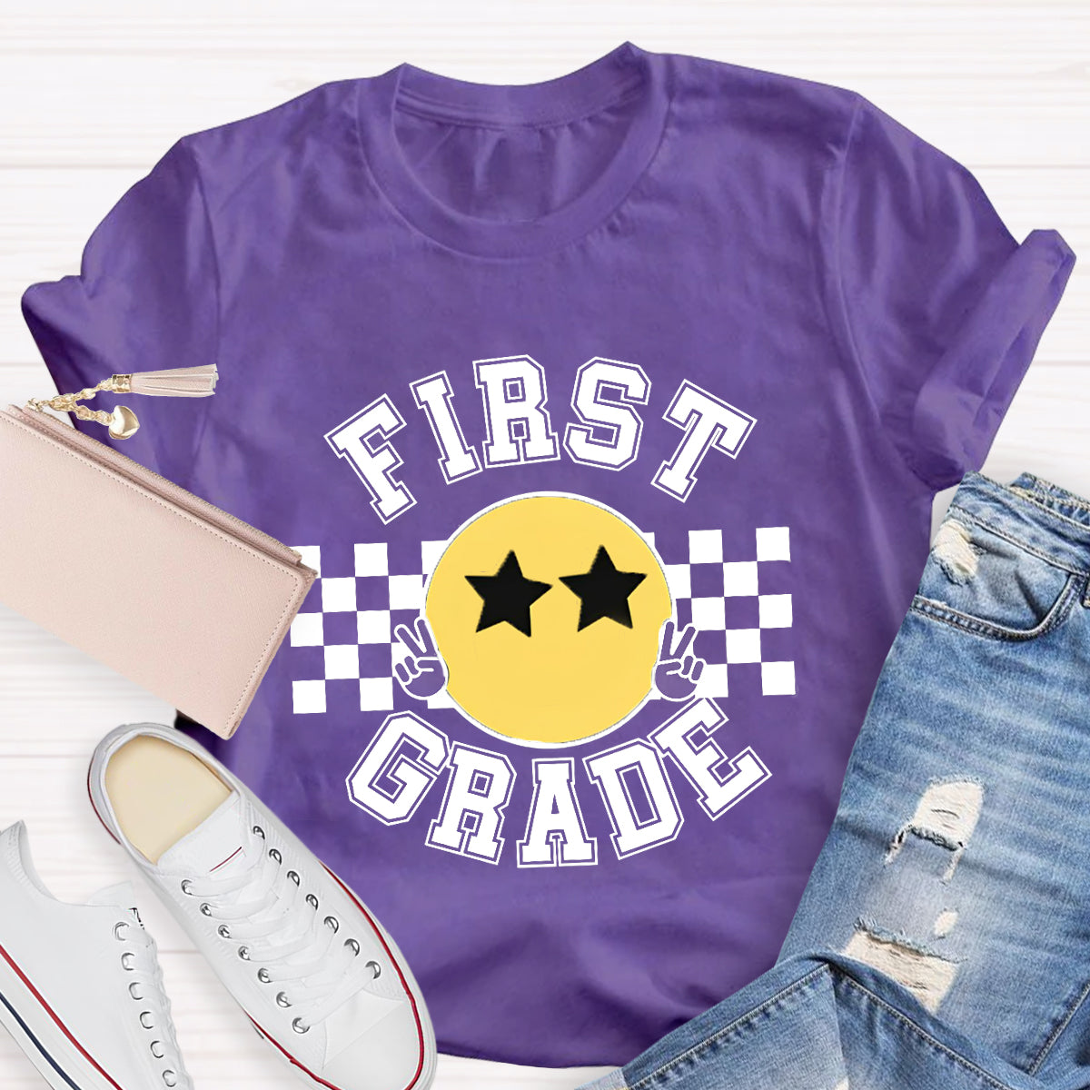 Personalized Grade Chessboard Pattern Teacher T-Shirt
