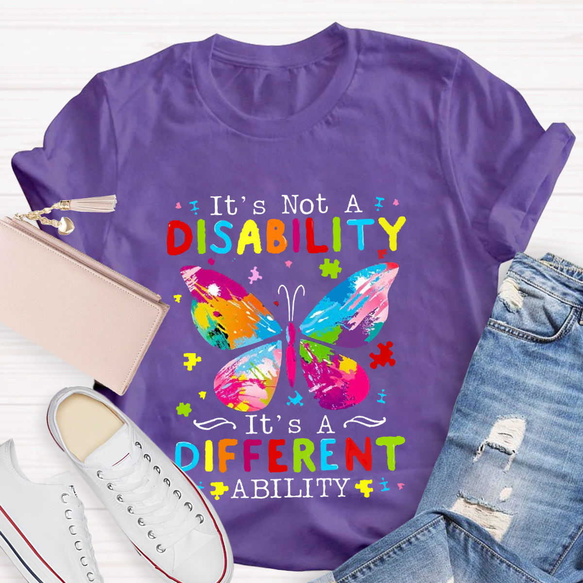 It's Not A Disability It's A Different Ability Puzzle Butterfly Teacher T-Shirt