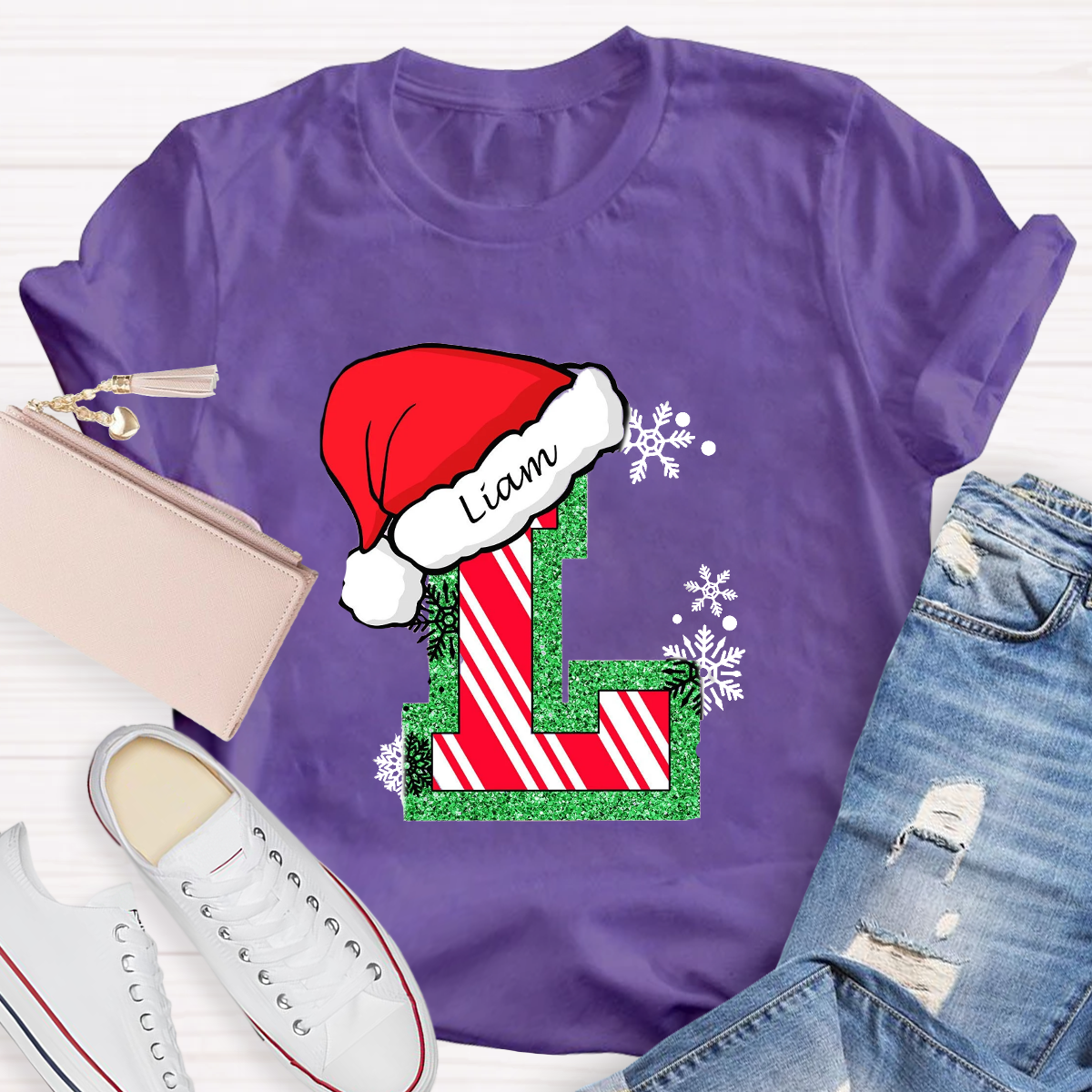 Personalized Name Merry Christmas Santa Holiday Green Red Glitter T-Shirt