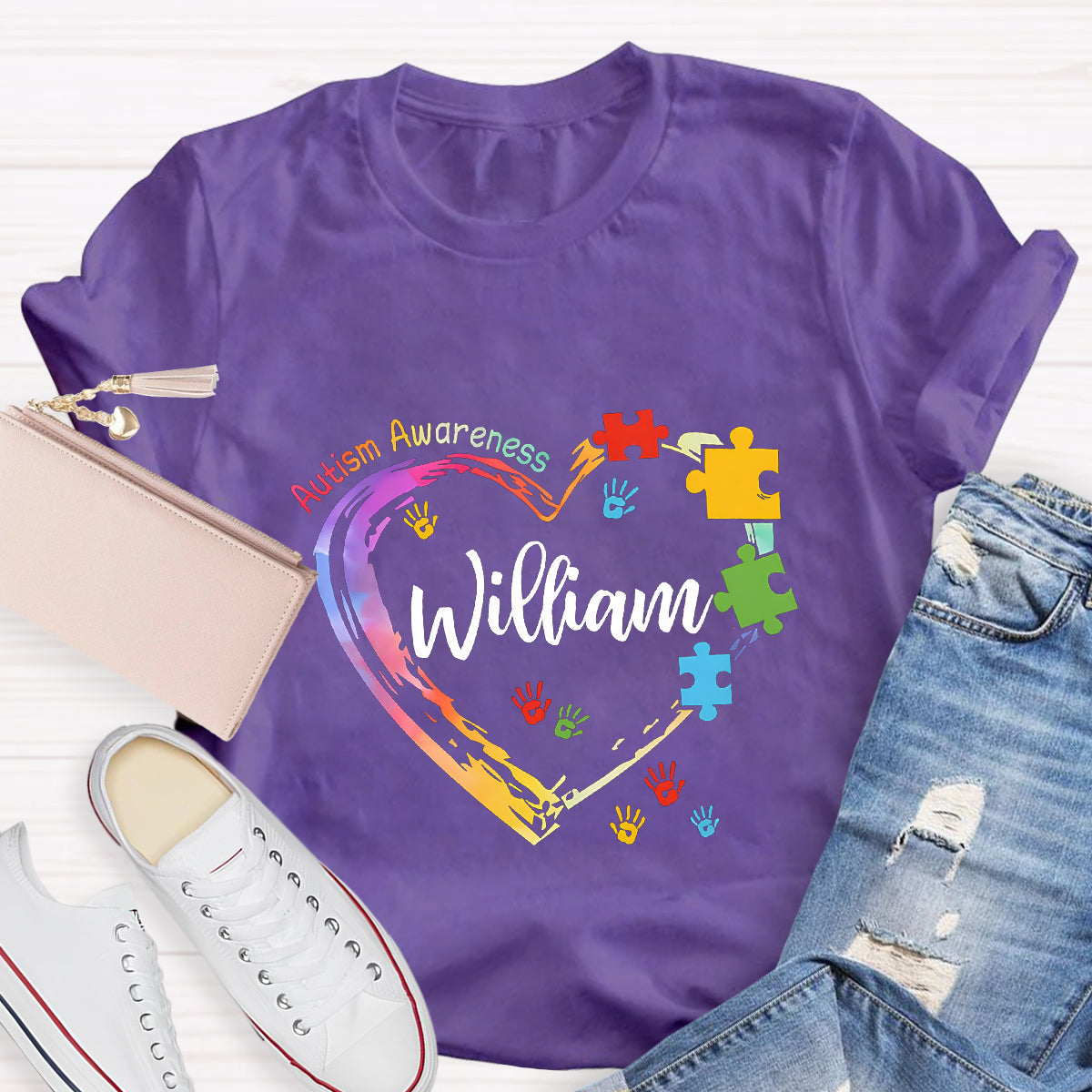 Personalized Name Autism Colorful Heart Teacher T-Shirt