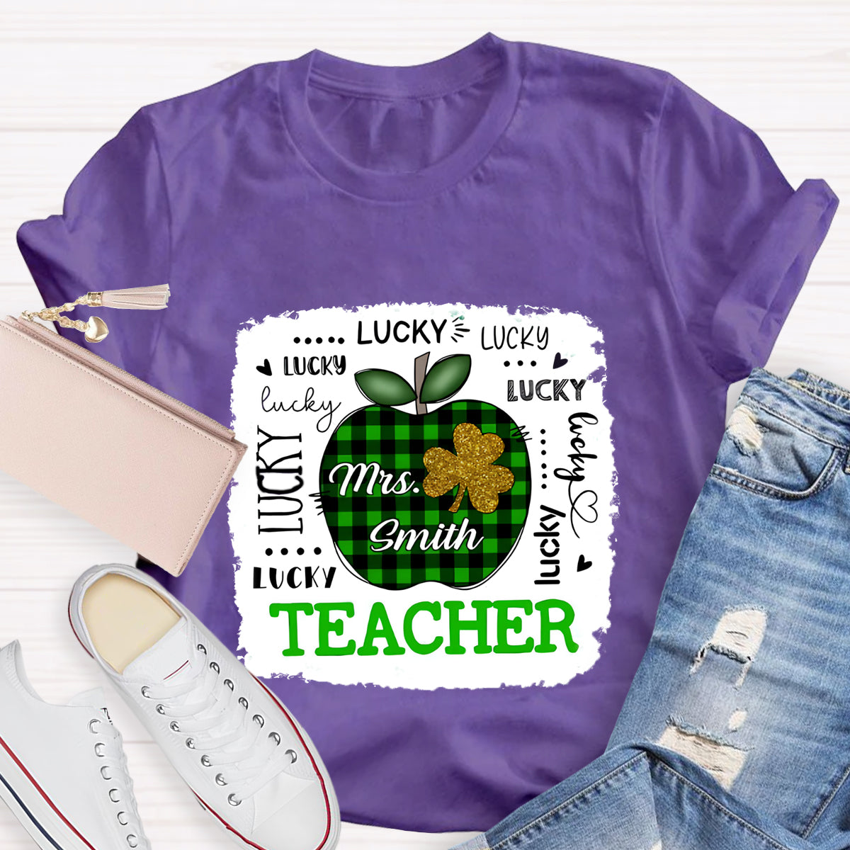 Personalized Name Lucky Teacher Green Apple T-Shirt