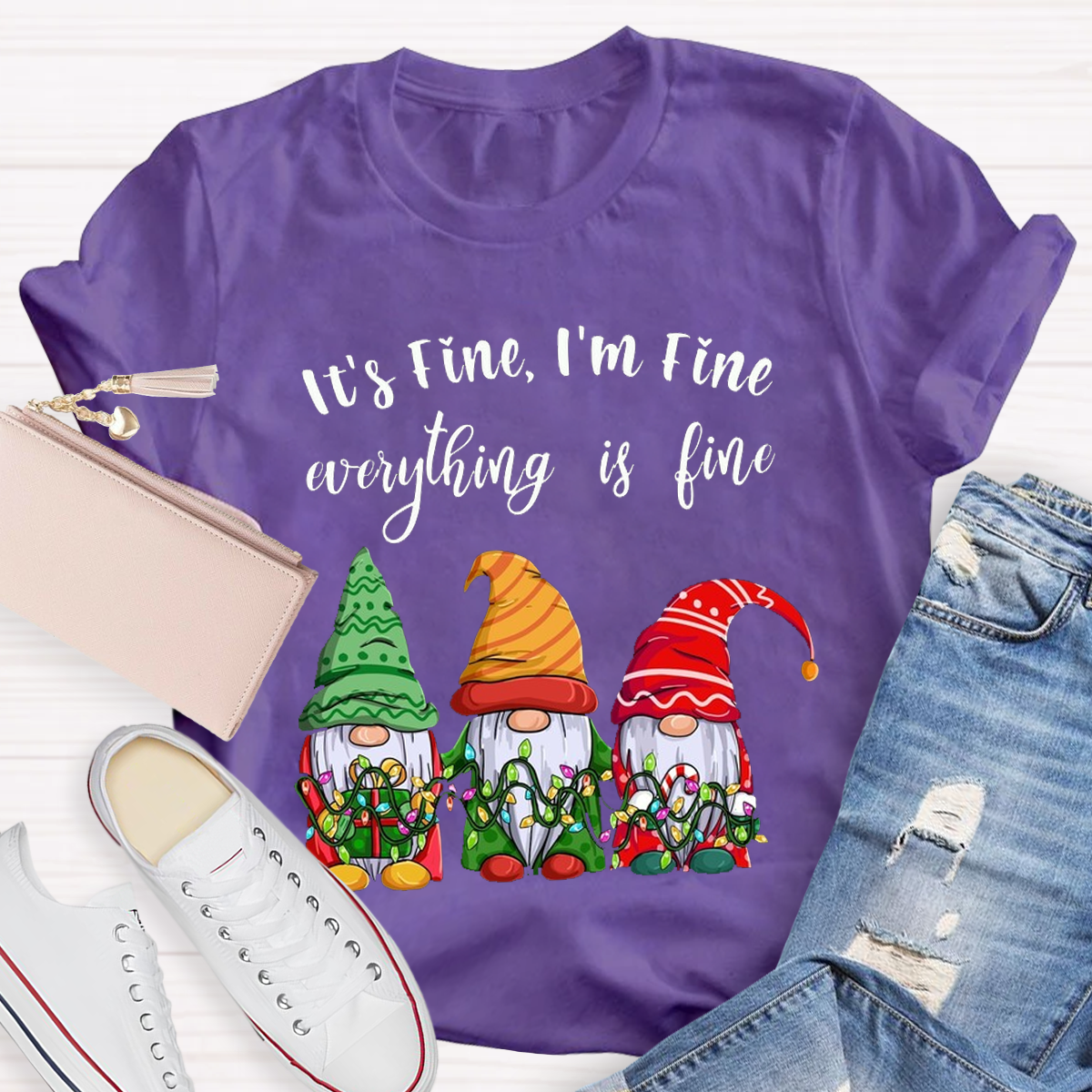 It's Fine I'm Fine Everything Is Fine Gnome Christmas Teacher T-Shirt