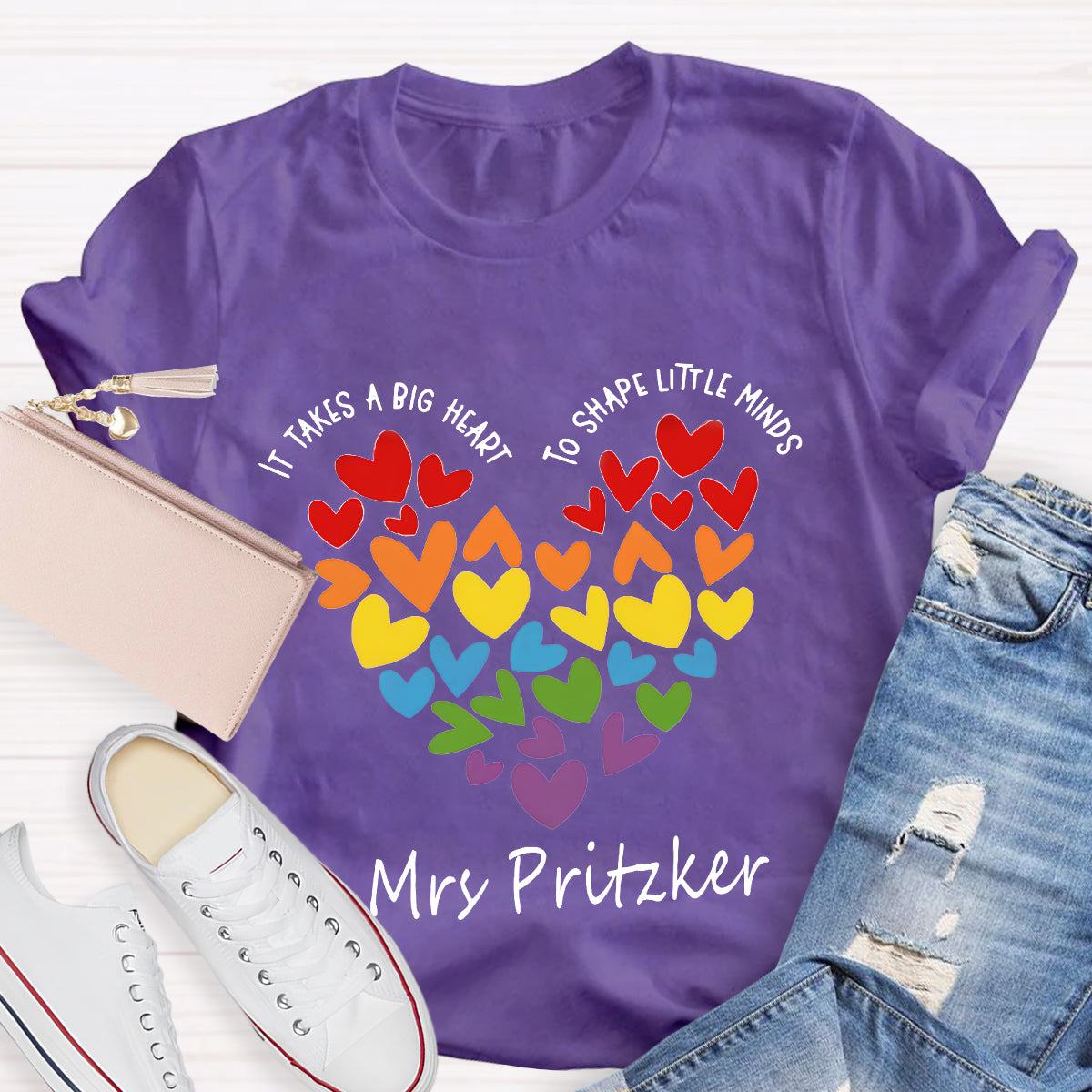 Personalized Name It Takes A Big Heart To Shape Little Minds Teacher T-Shirt