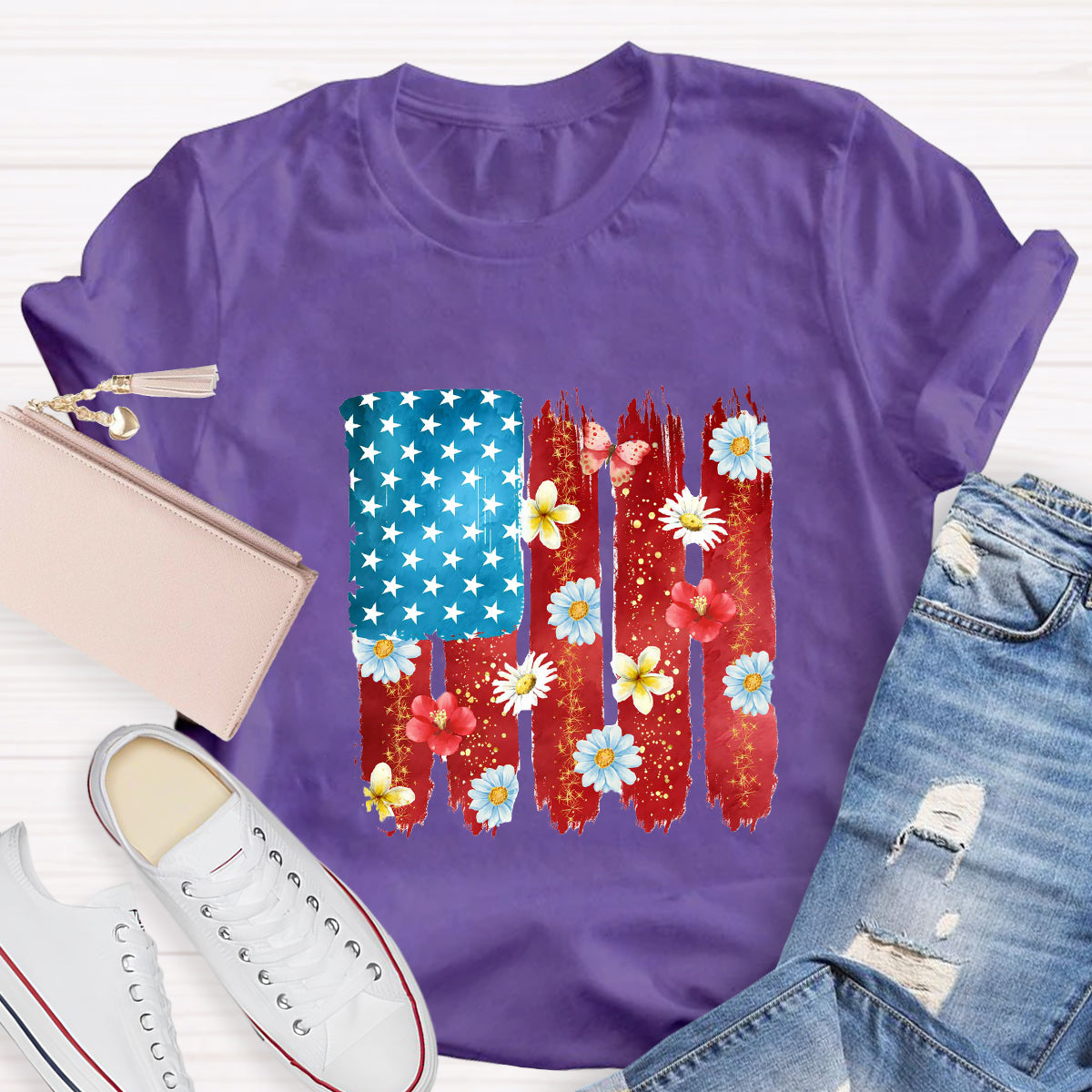 US Flag Flower Strip Star Teacher T-Shirt